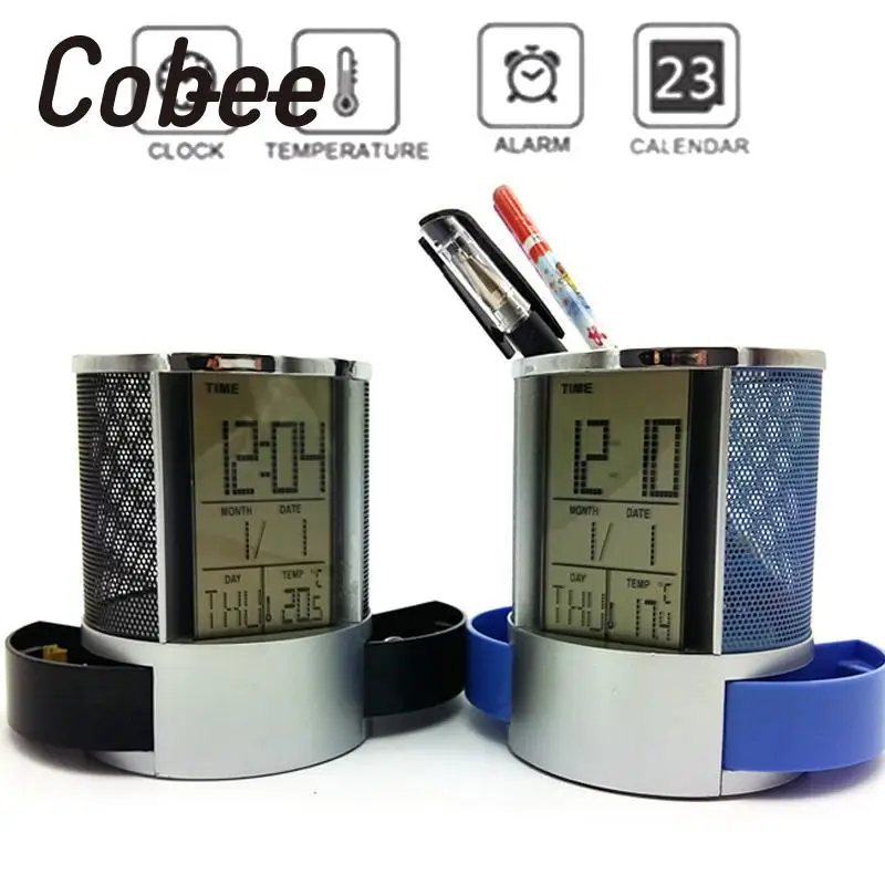 Cobee сетчатая ручка карандаш держатель с цифровым ЖК-дисплеем офисный стол будильник Время Дата темп Рождество ребенок подарки офисные принадлежности