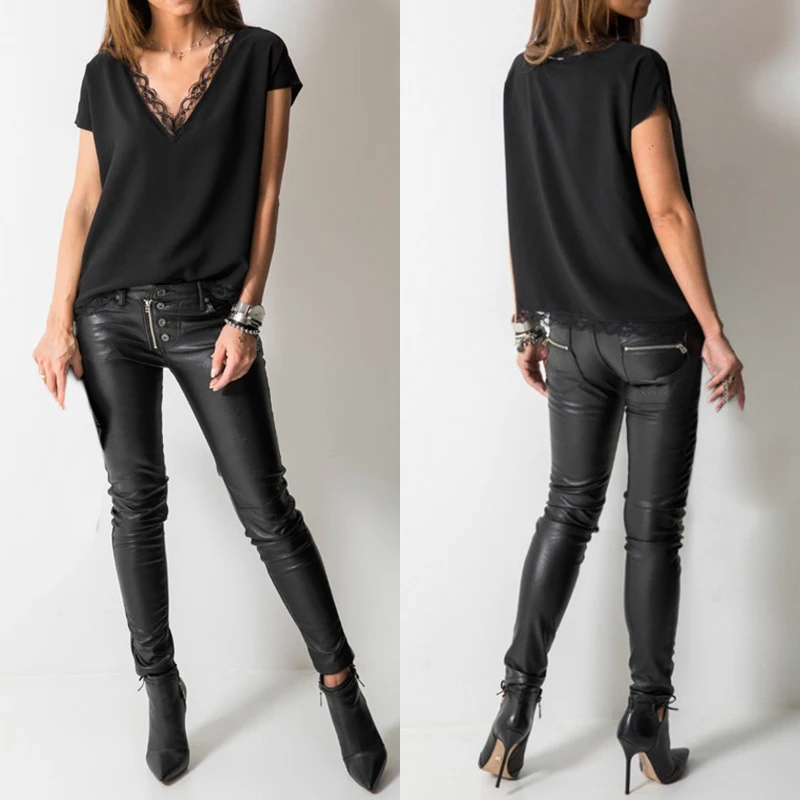 Black Blouse Shirt Sexy Lace V-Neck Tops For Women 2019 Lady Summer Shirts Office Women Casual Loose Blusa Short Sleeve Lace Top