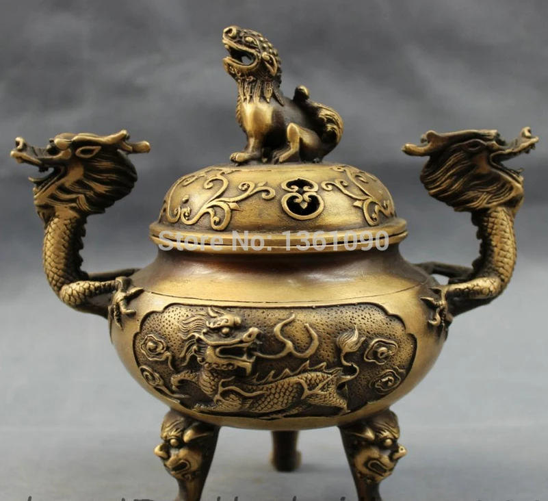 

xd 001204 7" Tibet Bronze FengShui Dragon Head Kylin Statue Lion Incense Burner Censer