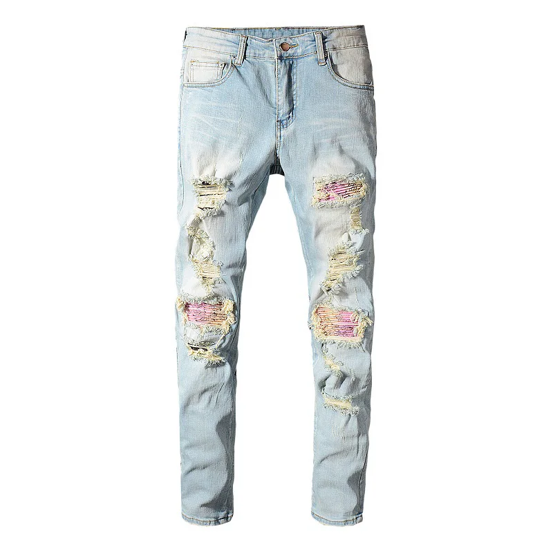 Sokotoo Men's patchwork bandanna paisley printed biker jeans Light blue holes ripped skinny stretch denim pants Trousers Sokotoo Men's patchwork bandanna paisley printed biker jeans Light blue holes ripped skinny stretch denim pants Trousers