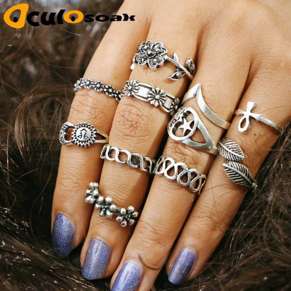

11pcs/Set Vintage Beach Ring Punk Hollow Moon Sun Flower Leaf Rings Set Carved Boho Midi Finger Knuckle anelli Anillos