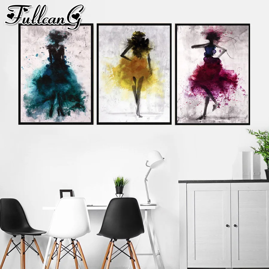 

FULLCANG diy diamond embroidery mosaic watercolor abstract woman triptych diamond painting full square/round drill sale FC1603