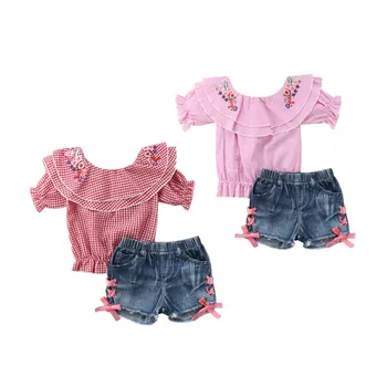 

Cute Kids Baby Girls Floral Princess Summer Clothes Toddler Baby Girl Off Shoulder Flower Tops Denim Pants Shorts Clothing Sets