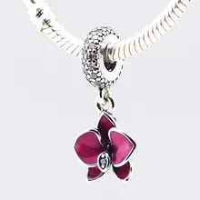 Purple Enamel Orchid Charms 100% 925 Sterling Silver Mixed Cz Pendant Fits Charm Bracelets & Necklaces Diy Fine jewelry PF232