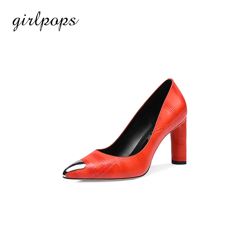 Girlpops женская обувь из натуральной кожи Острый носок высокий толстый каблук