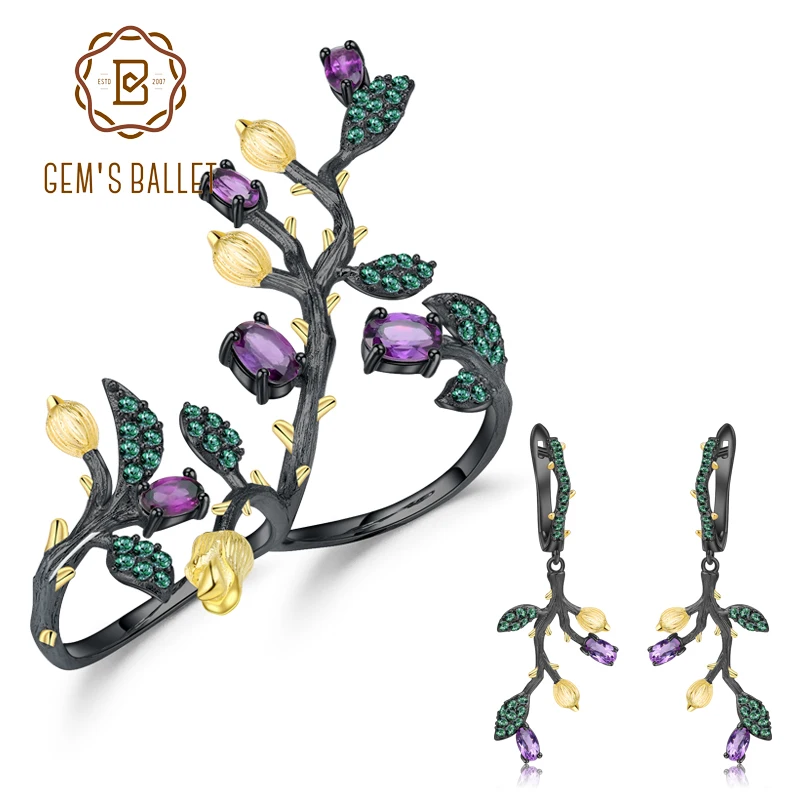 

GEM'S BALLET 2.72Ct Natural Amethyst Ring Earrings Jewelry Sets For Women Wedding 925 Sterling Silver Handmade Tree Jewelry Set