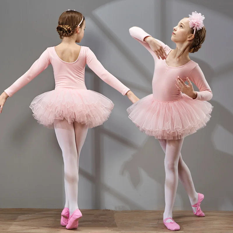 

Girls Ballet Dress Gymnastics Leotard Long Sleeve Skirted Ballet Clothing Dance Wear With Pompon yarn Skirts