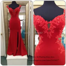 Реальные образцы дешевые длинные вечерние платья кружева бусины в форме чашек рукав Красный Русалка шифоновое платье для выпускного разрез Vestido de Baile Avondjurk