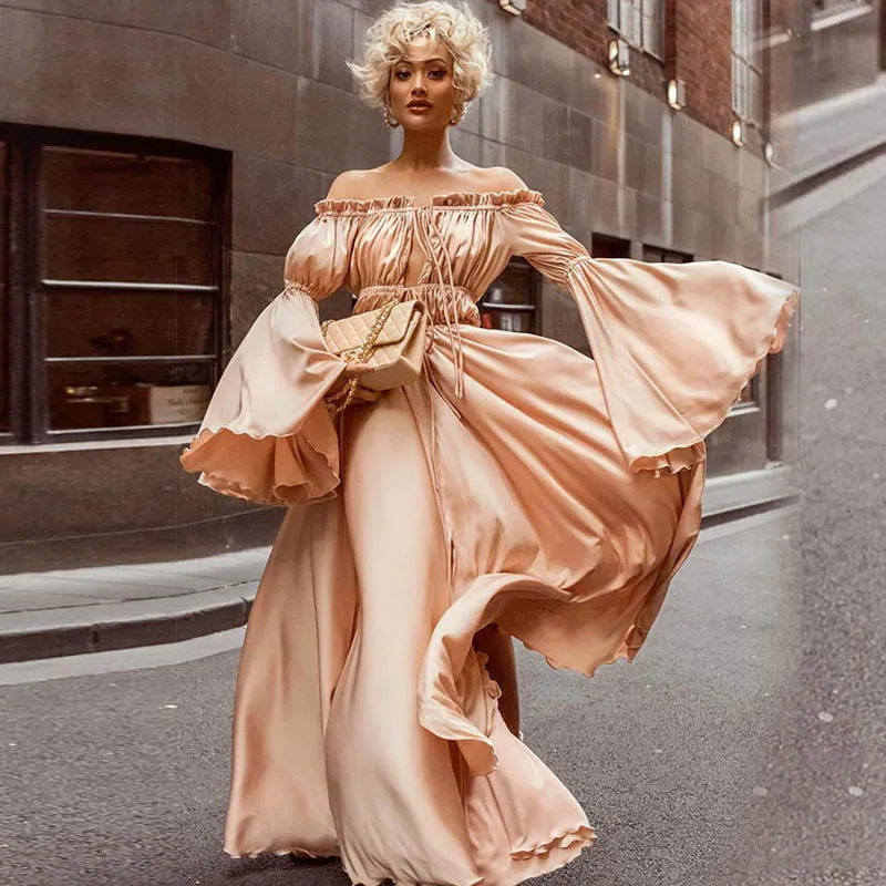 

Women Dress Retro Solid Long Dress Off The Shoulder Slash Neck Sexy Dress Lotus Leaf Flare Sleeve Plus Size Dress XXL