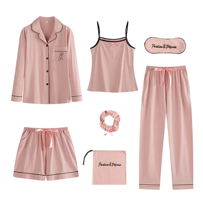 Deep pink Silka Surplus Весна Лето 7 шт. набор хлопок женские пижамные шорты с длинным рукавом топ с эластичной талией штаны для отдыха одежда для сна - Цвет: Deep pink