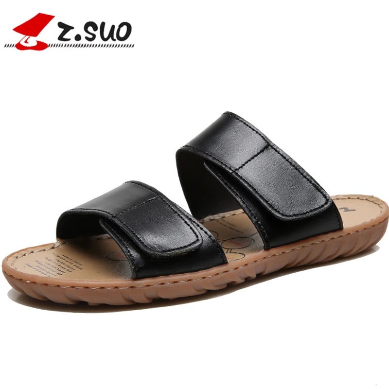 

Z.Suo 2018 Casual Hook Loop Summer Flat Men's Slippers Genuine Leather Rubber Beach slipper man Flip Flops Big Size 45 46 47 616