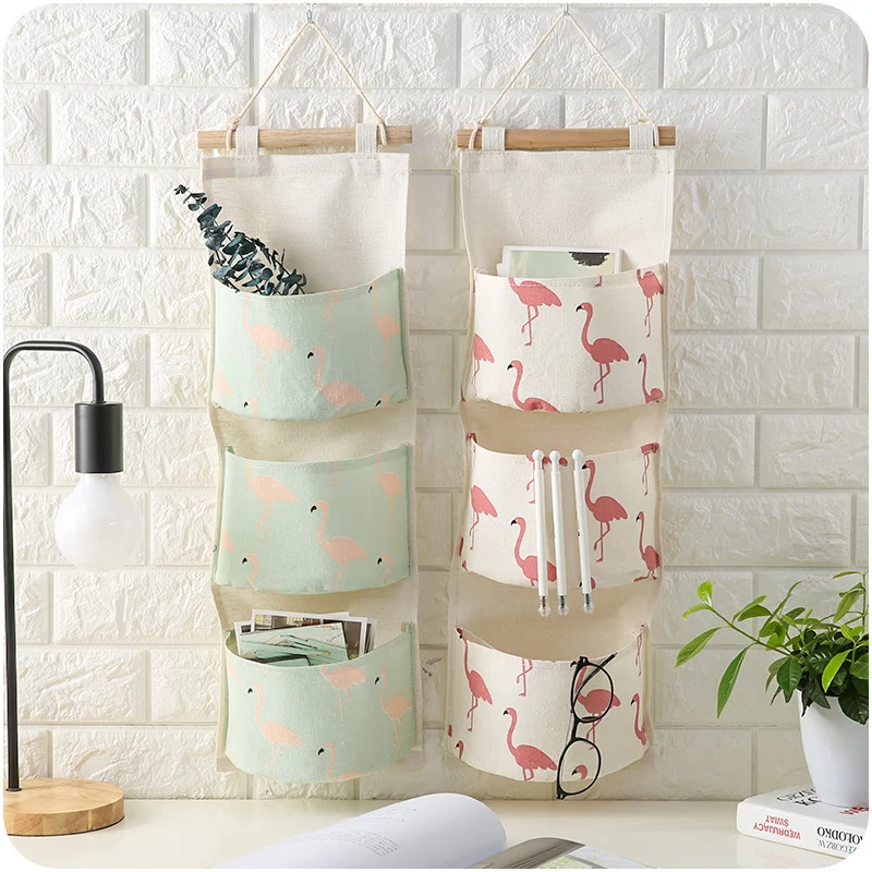 

Flamingo Pattern Cotton Linen Hanging Storage Bag 3 Pockets Wall Hanging Organizers Kitchen Bathroom Door Wardrobe Hanging Bag