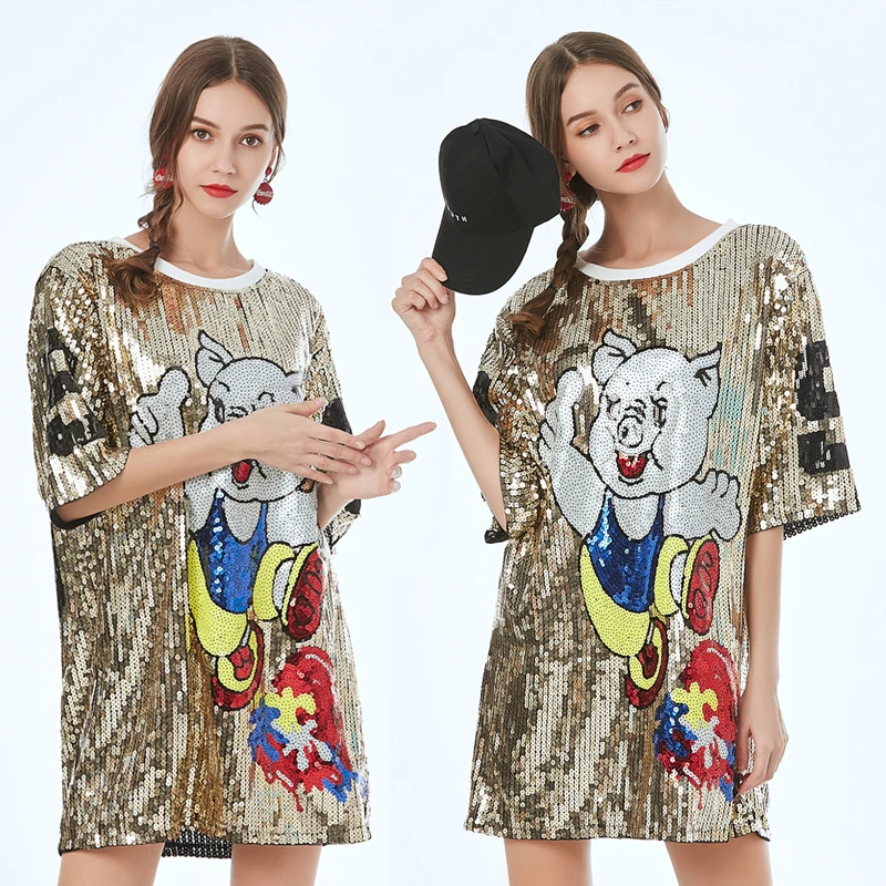 Overtreding hack matchmaker Women Sequins T Shirt Dress Pig Summer Glitter Sequin Dress O Neck Long  Keen Length Dress Kerst Jurk Dames Tops - Dresses - AliExpress