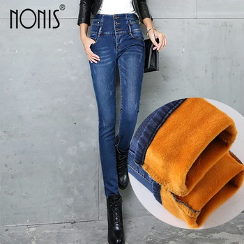 

Nonis 2017 New Winter Warm Thick Velvet Skinny Jeans for Woman High Waist Blue Trousers pencil Pants Plus size 26-34 Pantalon