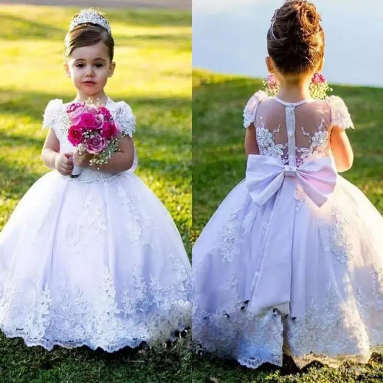 2018 Flower Girl Dresses Vintage Jewel Sash Bow Lace Baby Girl Birthday Party Christmas Communion Dresses Girls Party Gown 2018 Flower Girl Dresses Vintage Jewel Sash Bow Lace Baby Girl Birthday Party Christmas Communion Dresses Girls Party Gown