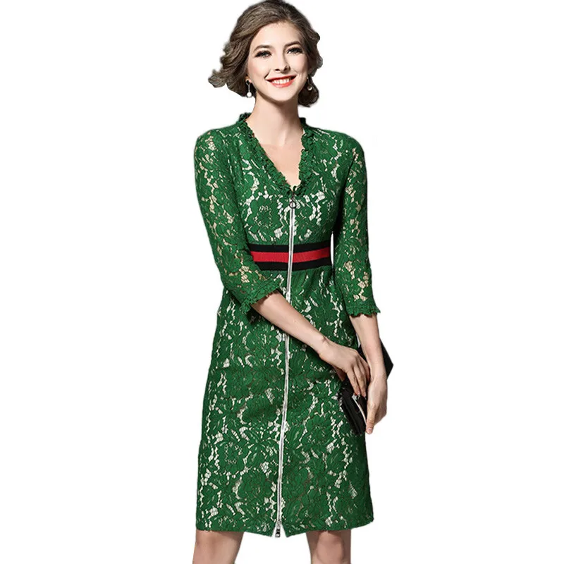 2018 Spring Summer Womens Green Lace Dresses Elegant Bodycon Office