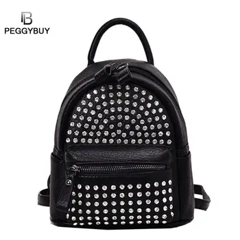 

Rivet Rhinestone BackpackTravel Backpack Shoulder Schoolbag Girl Lady PU Leather Small Bags Vertical Square Knapsack Mochila