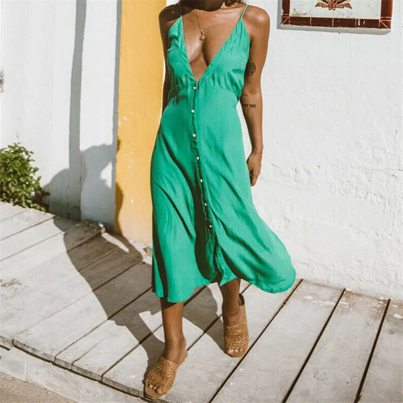 

Summer Boho Style Womens Sling Deep V-Neck Sleeveless Single Breasted Beach Dress Female Casual Button Midi Loose Sundress