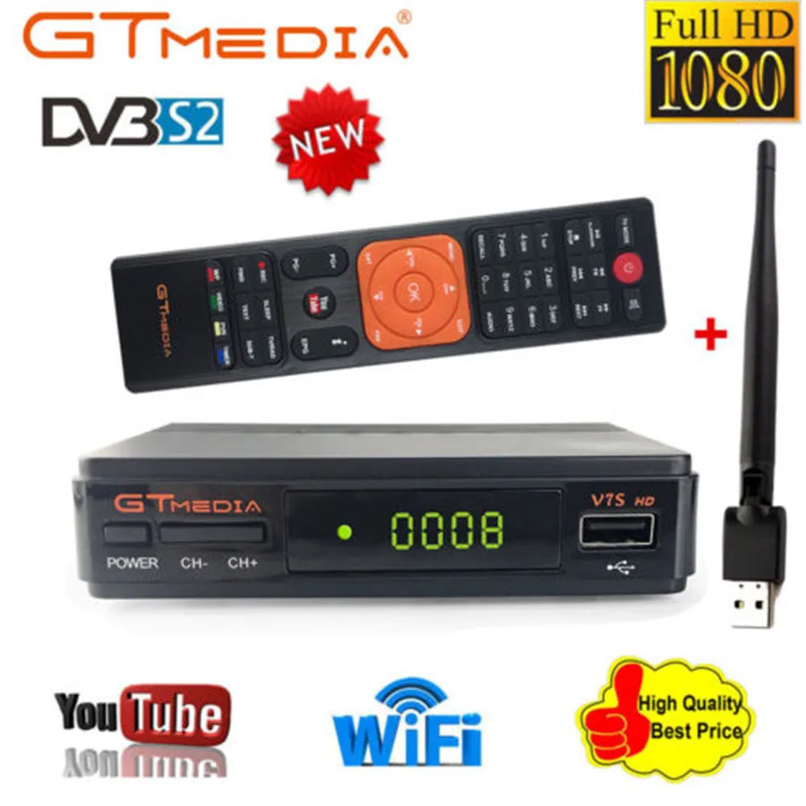 

Gtmedia V7S DVB-S2 Satellite Receiver FTA Full HD 1080P Digital Decorder Support newcamd bisskey With USB WIFI+1 Year 7 CLINES