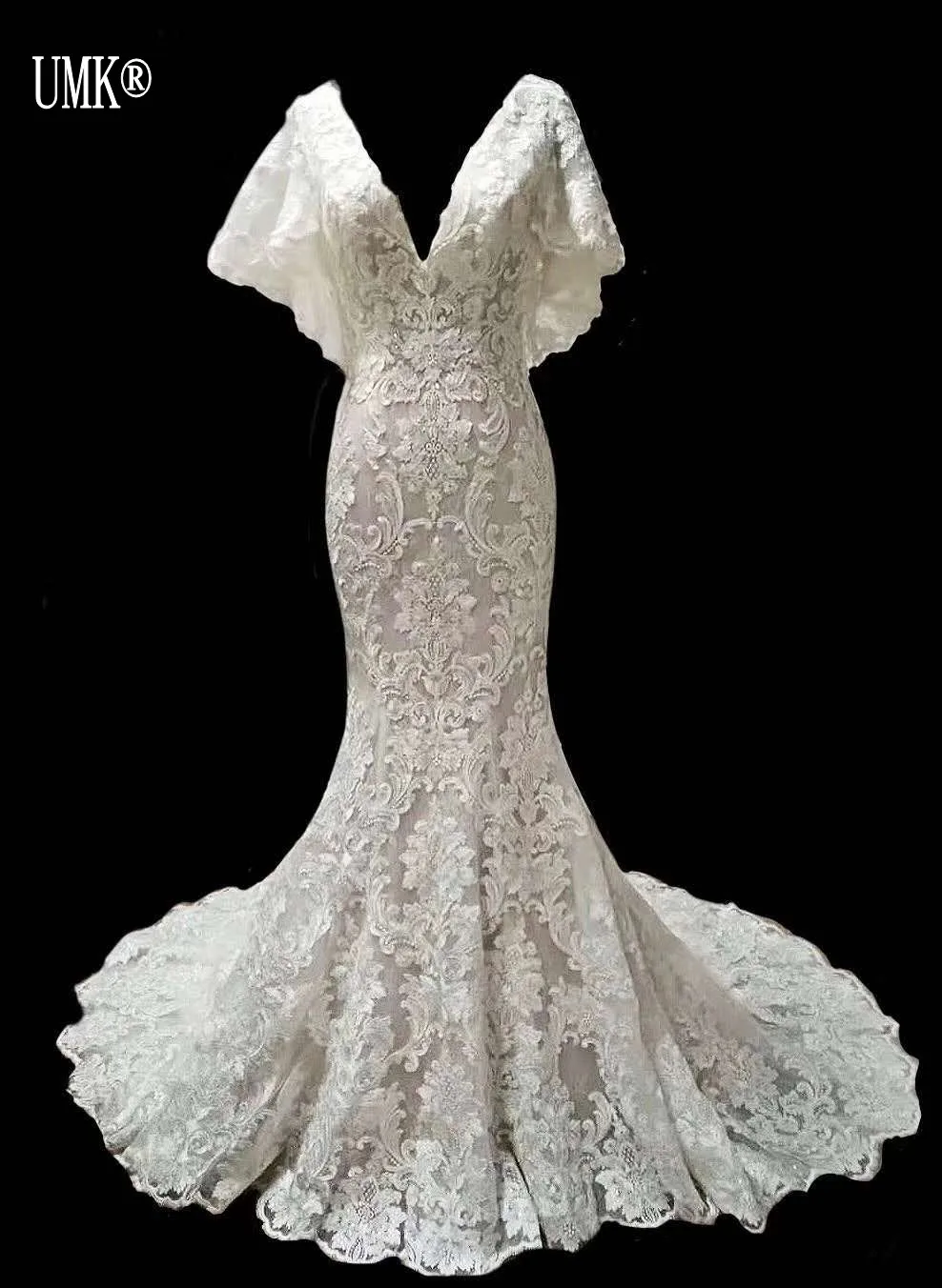 

UMK Real Picture Lace Mermaid Wedding Dress 2019 Sexy V-Neck Short Sleeve Wedding Dresses Vintage Vestido De Noiva
