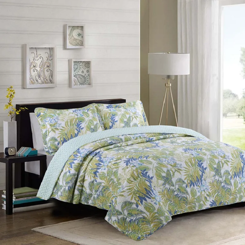 

CHAUSUB Quilt Set 3PC American Washed cotton Quilts Quilted Bedspread Bed Covers Pillowcase Green Printed Coverlet Set KING Size