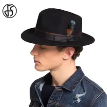 Мужская фетровая шляпа-трилби FS, шляпа с широкими полями из австралийской шерсти, с декоративным пером, черная, на осень/зиму