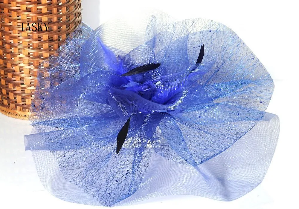 

Newest Blue Large Feather Fascinator Hat Wedding Party Ascot Races Fancy Show Women Floral Headdress Hair Clips Accessories 2018