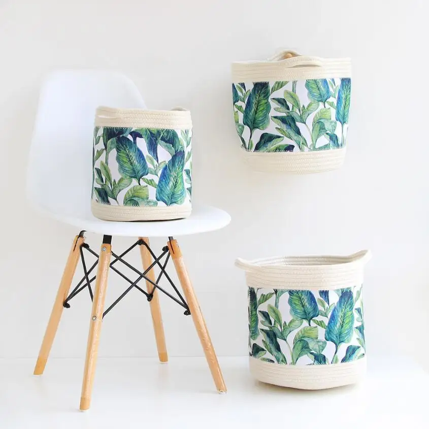 

New Green plant Desk Storage Box Cotton thread weaving Thicken clothes Storage Basket Cosmetic Case Kids Toys Organizer Bucket