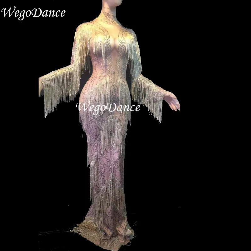 

new Sparkly sexy Gold Rhinestones tassel Dress Stage Wear Big Stretch Singer Evening Performance fringe Long Dresses