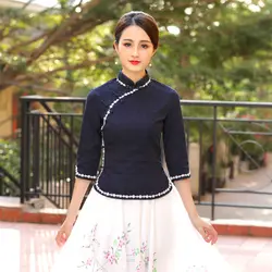 Sheng Coco S-4XL плюс размер традиционное китайское платье-Чонсам рубашки темно-синий женский Чонсам блузка Ципао из хлопка топы