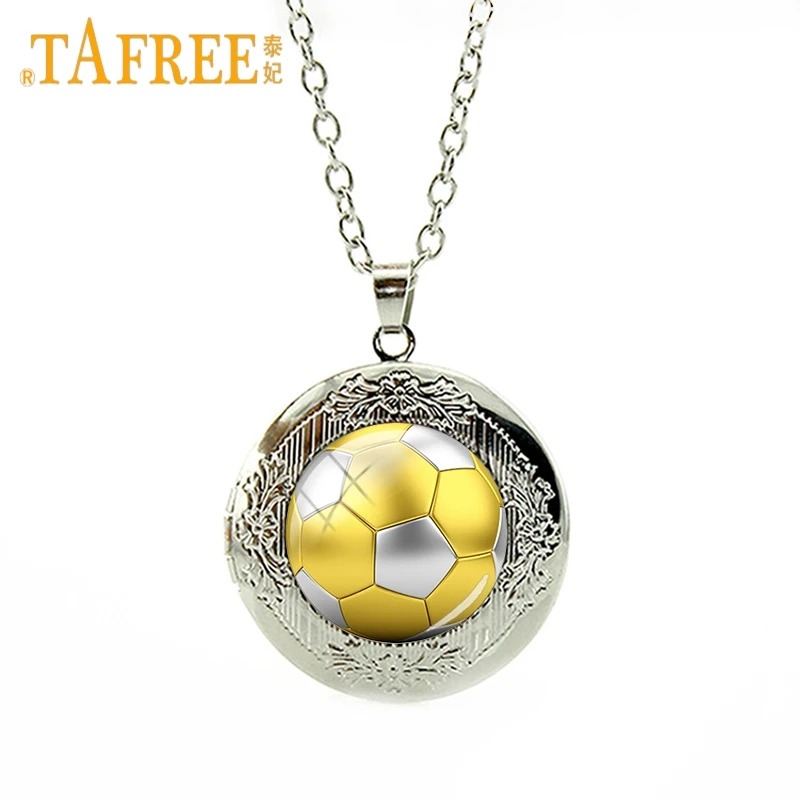 

TAFREE Charm Sports Football Soccer Locket Necklace Chain Picture Glass Cabochon Dome Fashion Decoration Pendant Jewelry ZY259