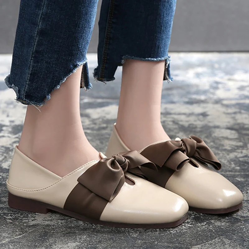 

Large size 35-44 Flat Boat shoes for women Butterfly-knot PU Flat Leather shoes women Slip-on Sweet style Flats