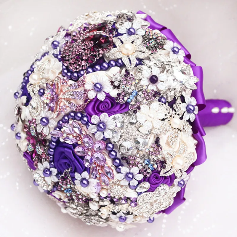 DIY-brooch-bouquet-Silk-Bride-Bridal-Wedding-Bouquet-Bridesmaid-purple-ivory-Cloth-roses-Customizable-diamond-bouquets