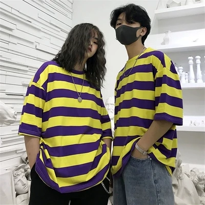 Фиолетовый Harajuku летняя футболка женская желтая фиолетовая полосатая футболка с коротким рукавом и круглым вырезом футболки для повседневной носки повседневные футболки - Цвет: Фиолетовый