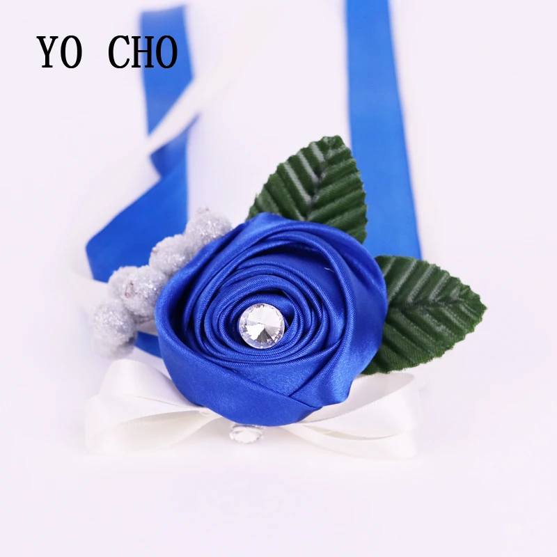 

YO CHO Free Shipping Noble Blue Rose With Diamond Wrist Hand Flowers Rose Silk Ribbon Bridal Bridesmiad Hand Flower Bridal Prom