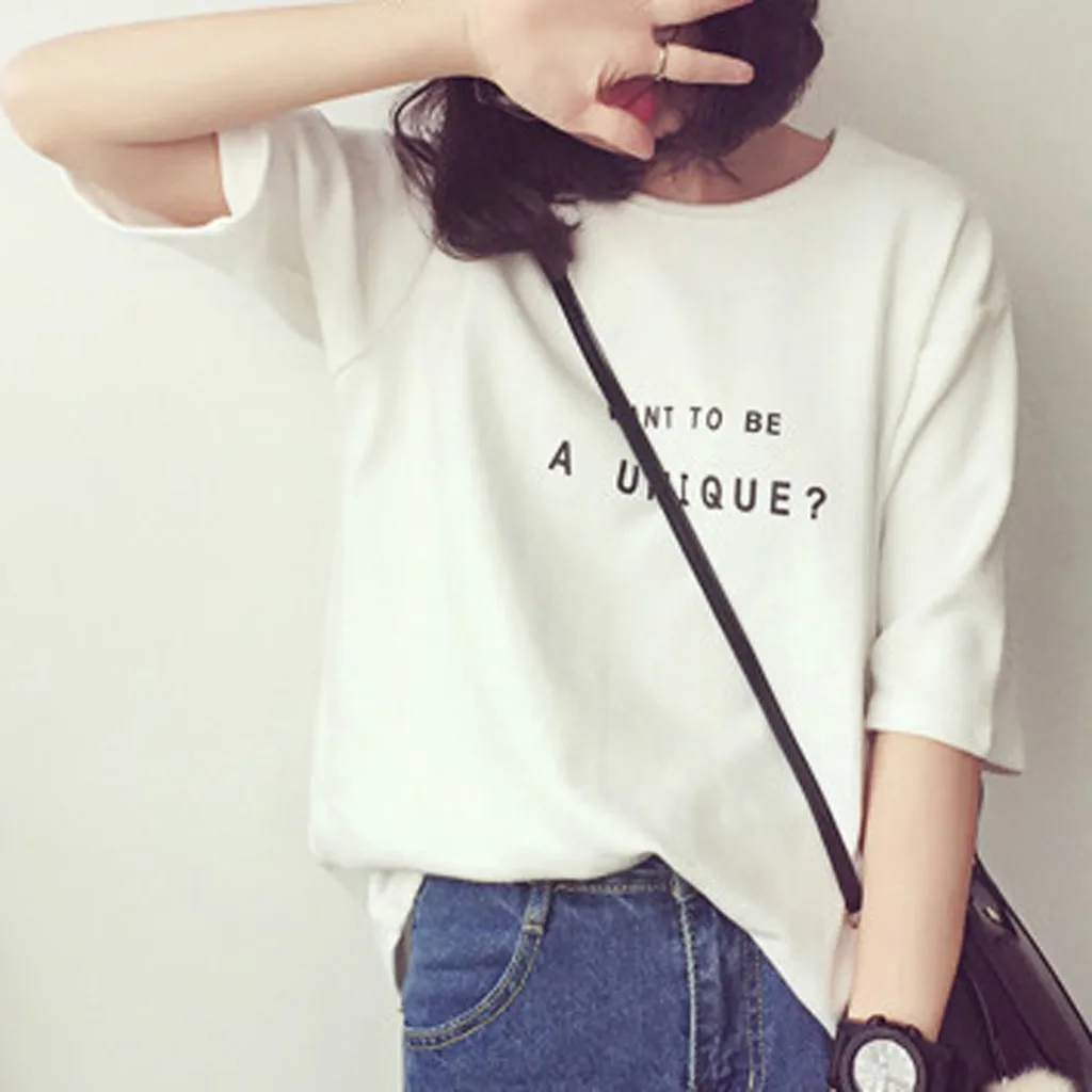 Women Blouse 2019 Womens Ladies Regular Short Sleeve Round Neck Letters  Printing Blouse