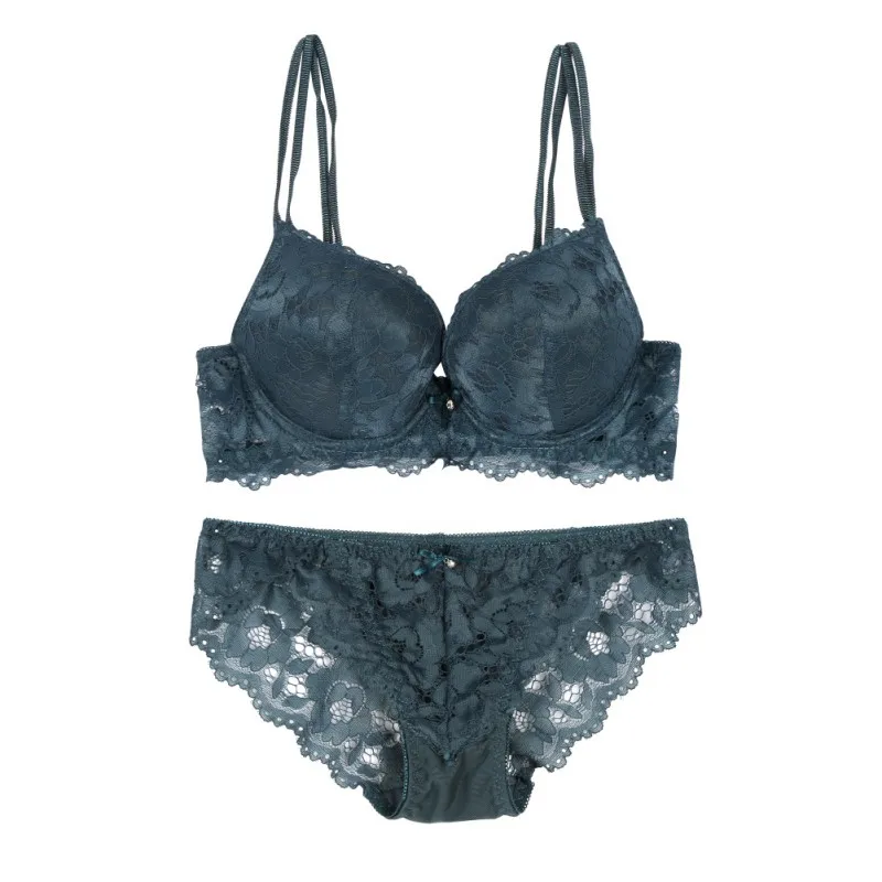 

Women Sexy Bra Top+Briefs Set Sexy Lace Embroidery Flowers Strap Bra Set Women Underwear Deep V-neck Thickening Push Up Newest