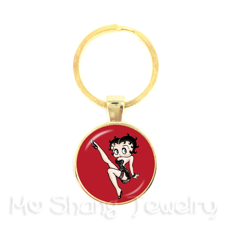 

2018 New Arrived Betty Boop Series Pattern 25mm Round Glass Cabochon Handmade Dangle Keychain For Best Friends Gift