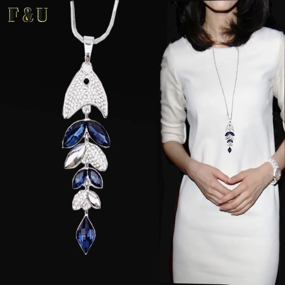 

F&U Fashion Crystal Fish Pendant Long Necklace Korea Style Female Winter Sweater Chain All-match Accessories