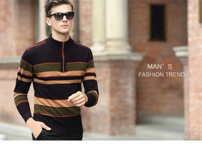 Новые мужские брендовые модные свитера теплые 100% шерстяной свитер Мужской молнии с длинными рукавами Повседневный пуловер, свитер