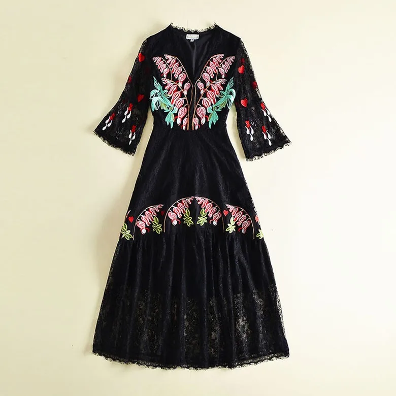 

Women Summer Maxi Dress 2019 High Quality Designer Runway V-neck Flare Sleeve Lace Embroidery Elegant Party Dresses NPD0719J