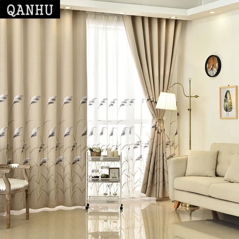 

QANHU Modern Window Curtains For Living Room Reed Pattern Blackout Curtain 100% Ployester High Quality Bedroom Rideaux Salon