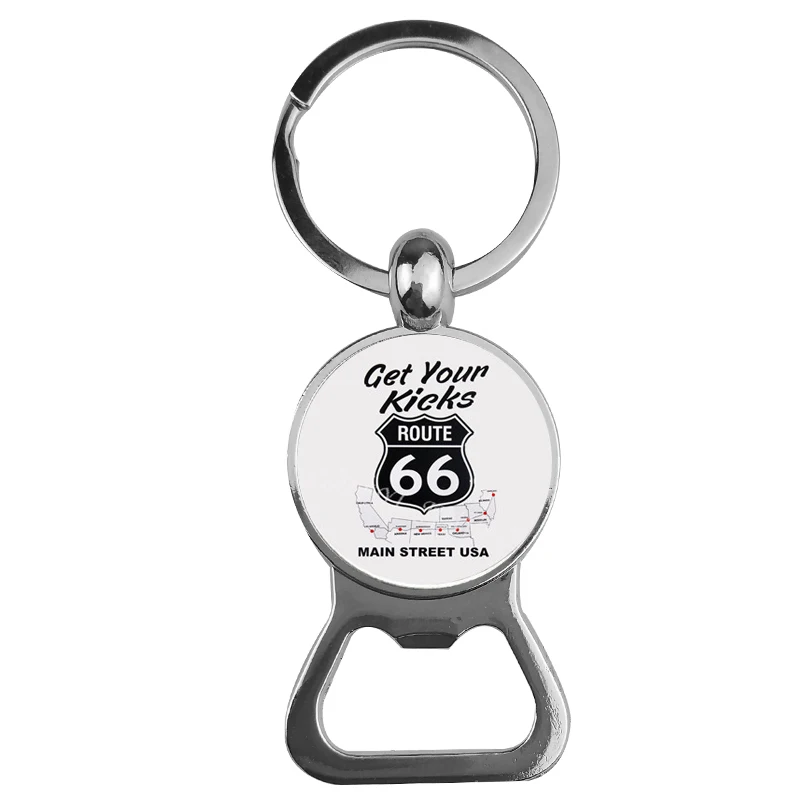 

Vintage Metal Key Chain USA Route 66 Route Signs Bottle Opener Key Holder Round Glass Cabochon Pendant Charms Men Gifts Jewelry