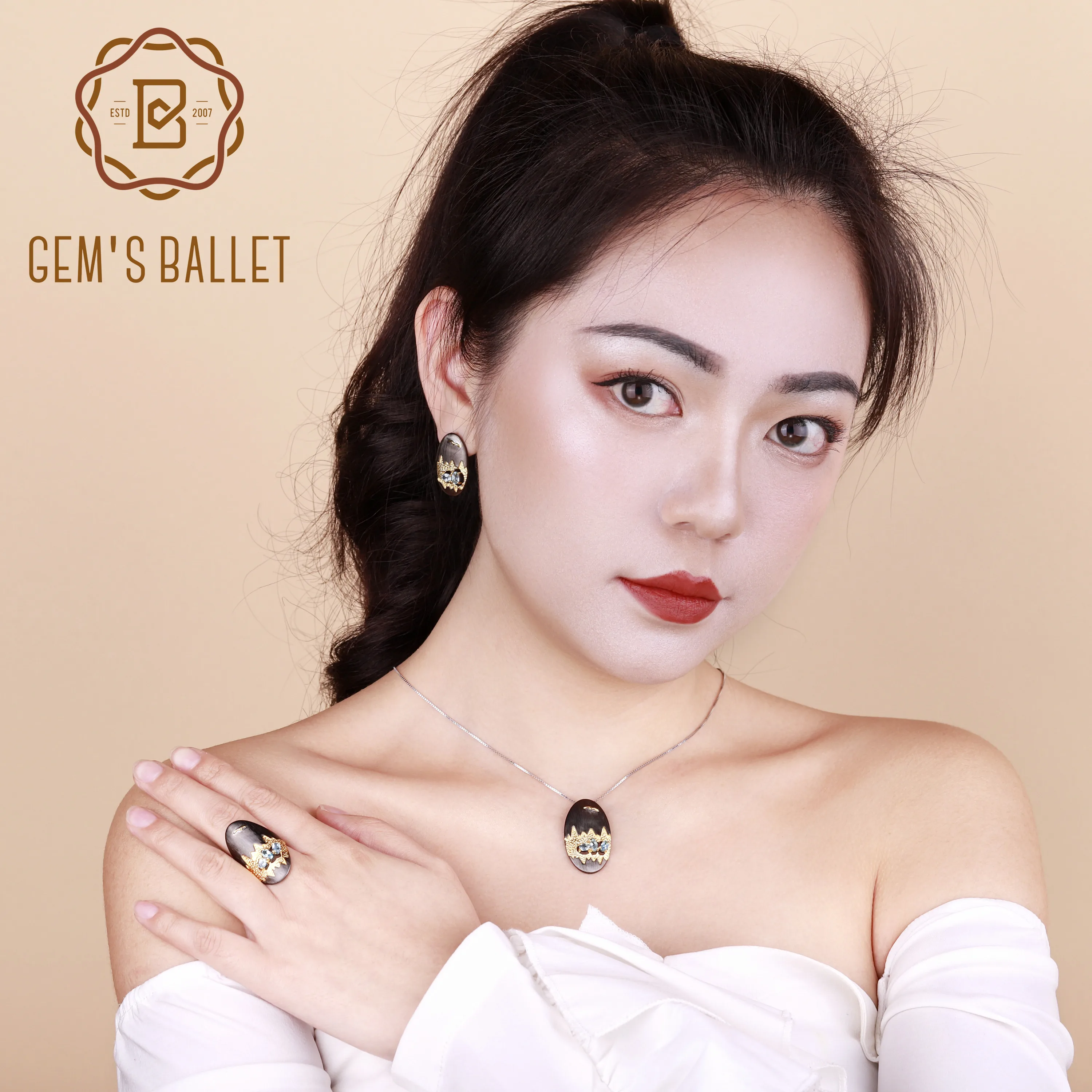

GEM'S BALLET Natural Swiss Blue Topaz Gemstone Jewelry Set 925 Sterling Silver Ocean Seagull Ring Earrings Pendant Set For Women