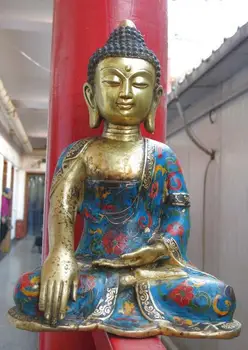 

15" China bronze gild copper carved cloisonne Buddhism Sakyamuni Buddha Statue