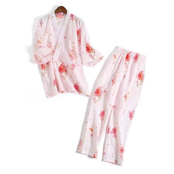 

Spring New Women Cotton Sleep Set Print Flower 2PCS Shirt&Pants Kimono Home Wear Lady Cute Pajamas Pyjamas Suit Size M L