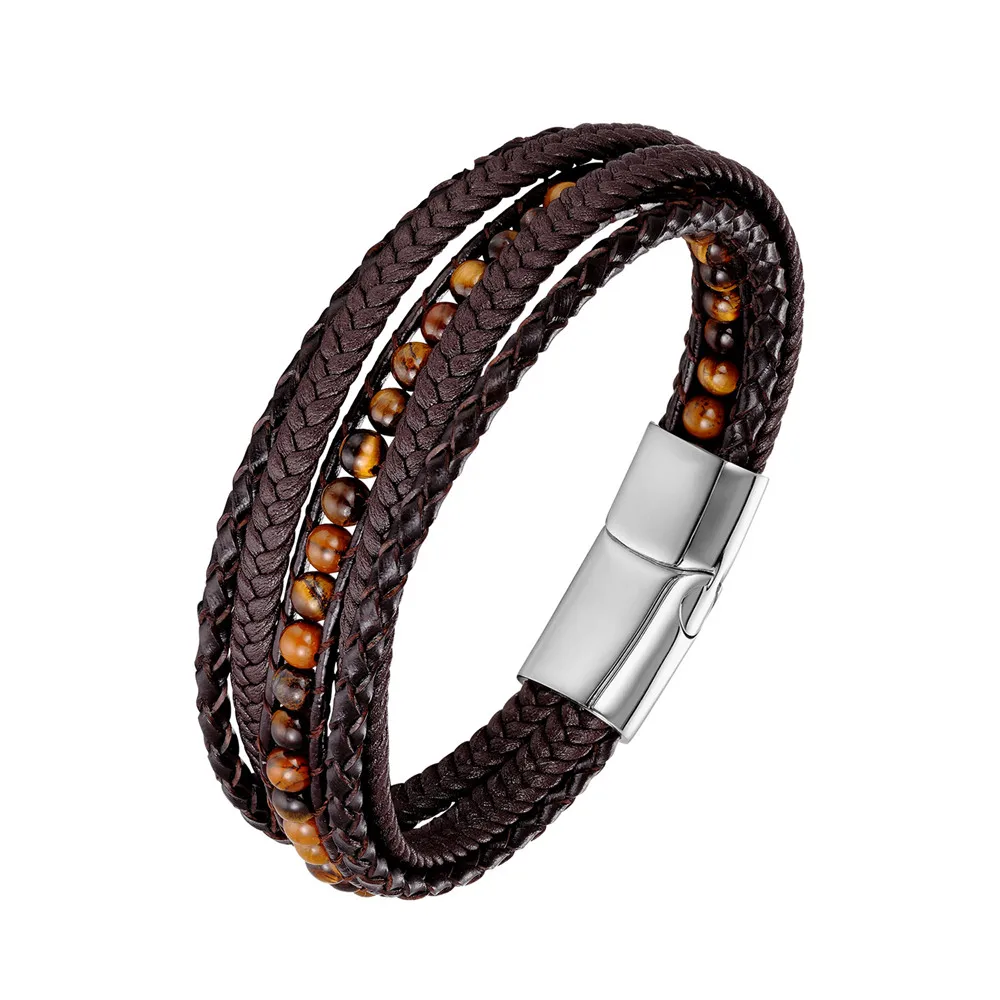 Дизайн бусины и кожаный браслет для мужчин ручная работа нержавеющая сталь магнитный браслет с пряжкой Роскошные брендовые ювелирные изделия
