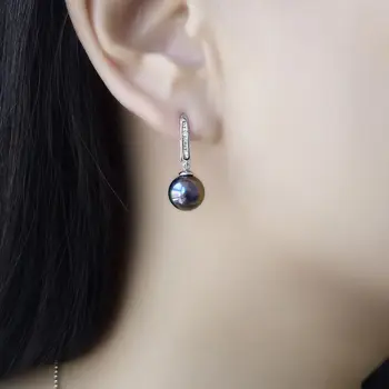 

Free Shipping 9-10MM Round Black Genuine Tahitian Pearl Diamond Drop Earrings 18K White Gold