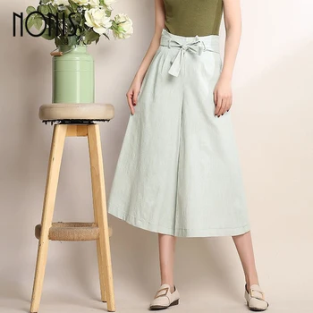 

Nonis 2018 New Spring Women Wide Leg Bow tie Casual cotton pants high waist Inelastic street wear Trousers femme pantalon
