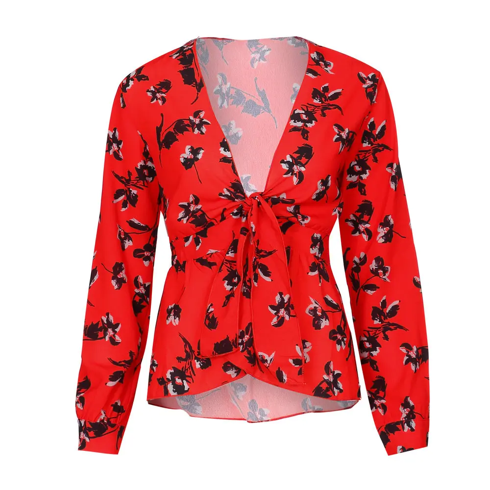 New Arrivals Red Floral Blouse Long Sleeve Chiffon V Neck Women Tops ...